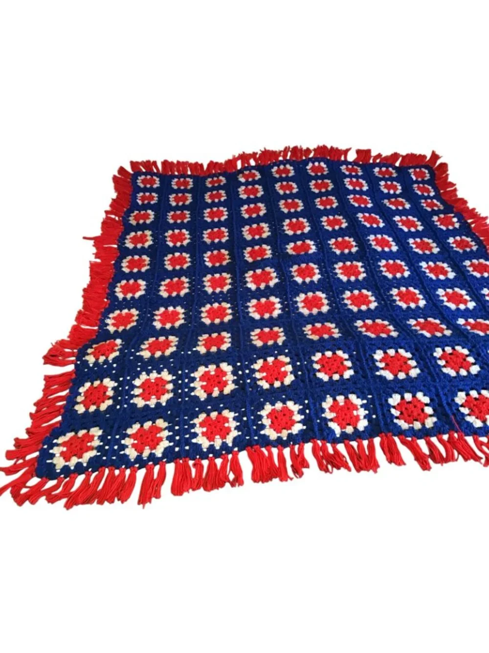 Handmade Crocheted Granny Square Red White Blue Vintage Afghan Throw Blanket